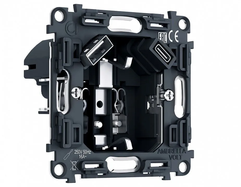 Механизм розетки с заземлением и 2хUSB type A и C Ambrella Volt VM PR160