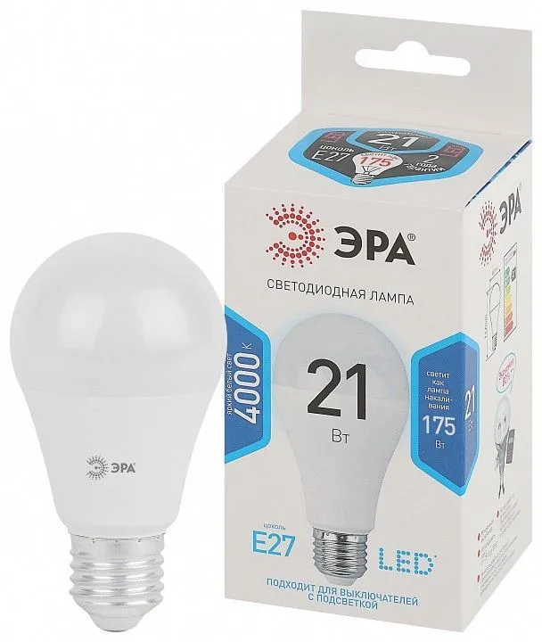 Лампа светодиодная Эра Стандарт E27 21Вт 4000K LED A65-21W-840-E27