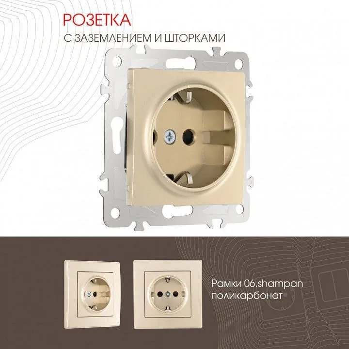 Розетка с заземлением и со шторкой, без рамки Arte Milano am-206 206.40-1.shampan