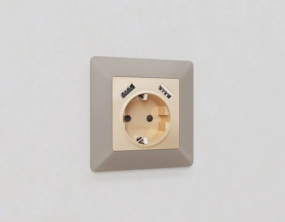Накладка для розетки с заземлением и со шторками и 2хUSB type A Ambrella Volt ALFA AP6090