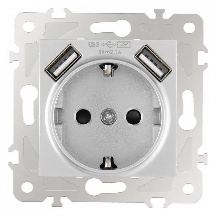 Розетка с заземлением и со шторкой и 2хUSB, без рамки Arte Milano am-203 203.47-1.silver