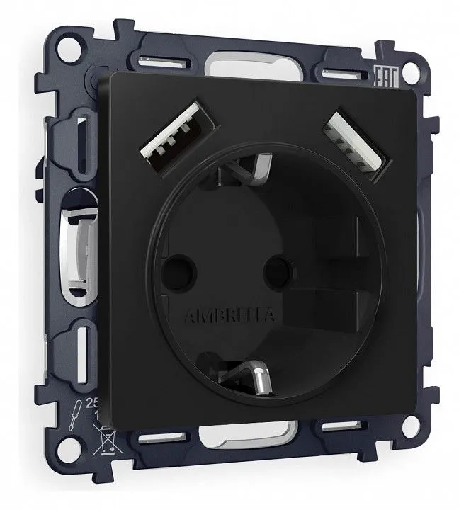 Розетка с заземлением и со шторкой и 2хUSB type A, без рамки Ambrella Volt ALFA MA809010