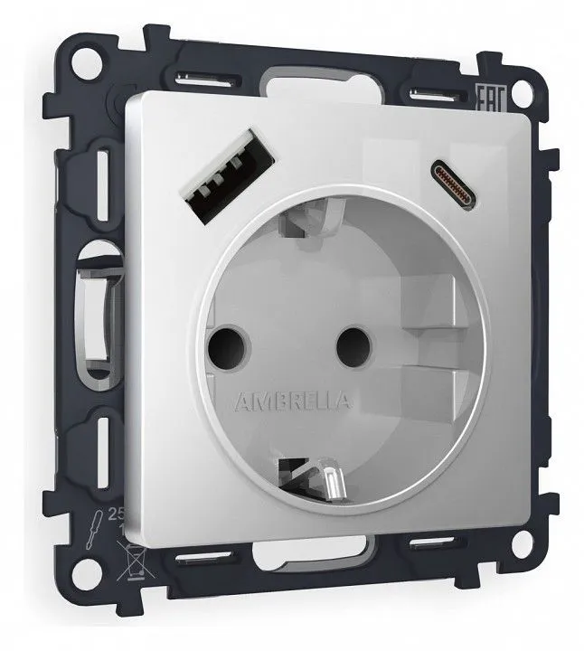 Розетка с заземлением и 2хUSB type A и C, без рамки Ambrella Volt ALFA MA410010