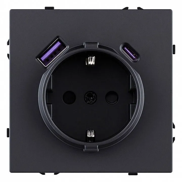 Розетка с заземлением и со шторкой и 2хUSB type A и C, без рамки Kollinger Eclipse EC-016BK