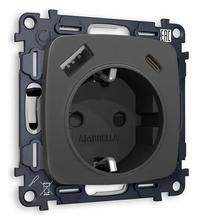 Розетка с заземлением и 2хUSB type A и C, без рамки Ambrella Volt OMEGA MO910010