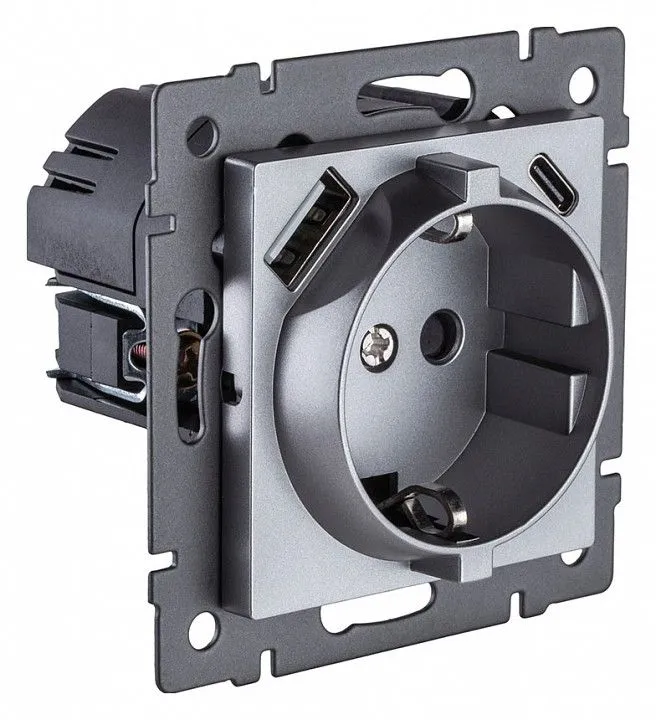 Розетка с заземлением и со шторкой и 2хUSB type A и C, без рамки Kollinger  REA-004GY