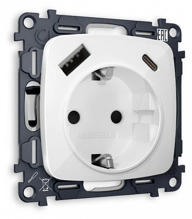 Розетка с заземлением и 2хUSB type A и C, без рамки Ambrella Volt OMEGA MO110010