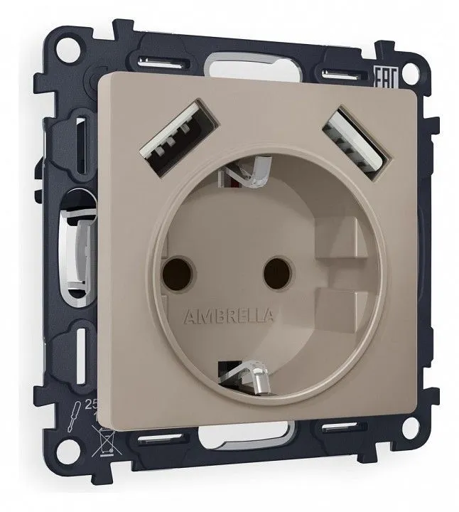 Розетка с заземлением и со шторкой и 2хUSB type A, без рамки Ambrella Volt ALFA MA369010