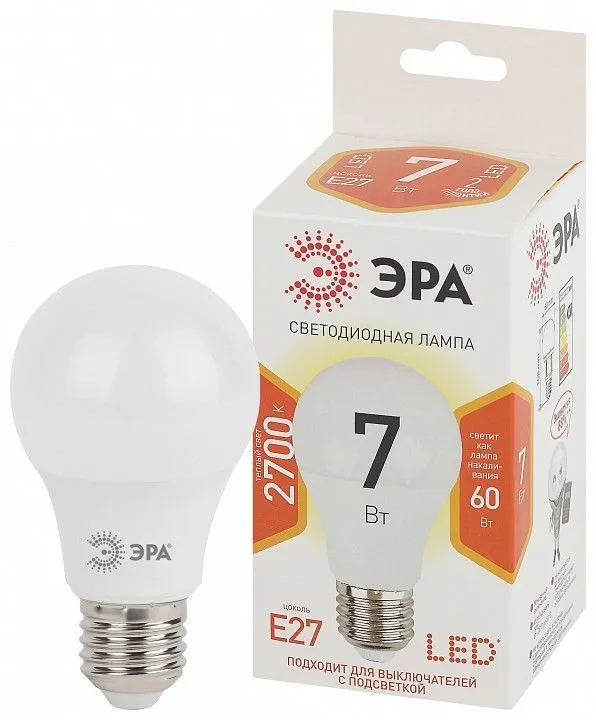 Лампа светодиодная Эра Стандарт E27 7Вт 2700K LED A60-7W-827-E27