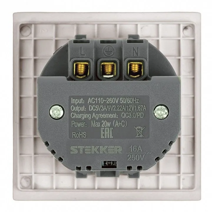 Розетка с заземлением и со шторкой и 2хUSB type A и C, без рамки Stekker Мия 50482