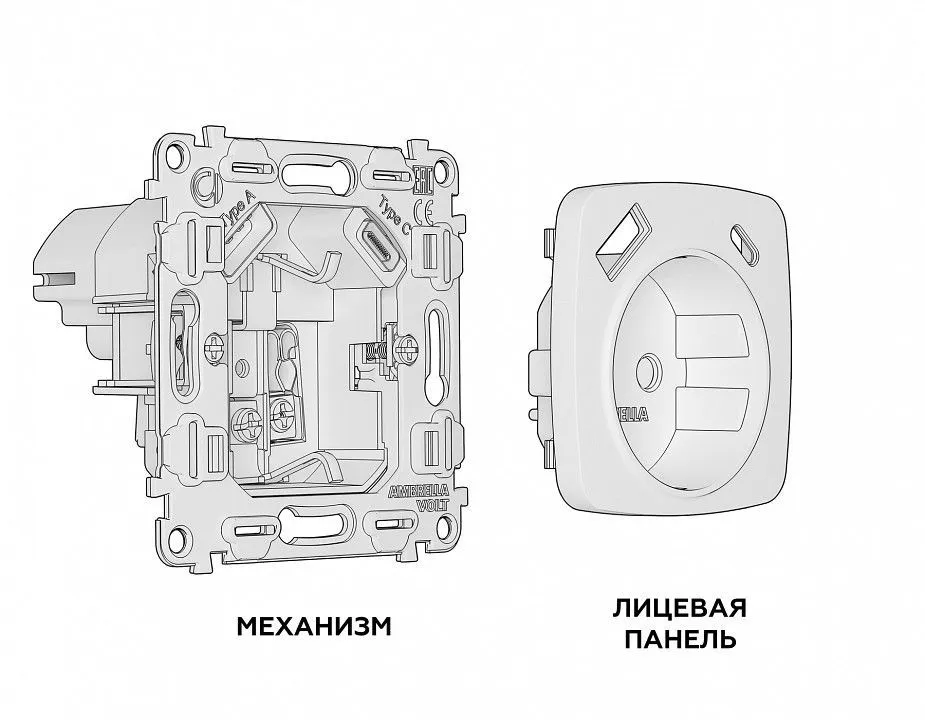 Розетка с заземлением и 2хUSB type A и C, без рамки Ambrella Volt OMEGA MO640010