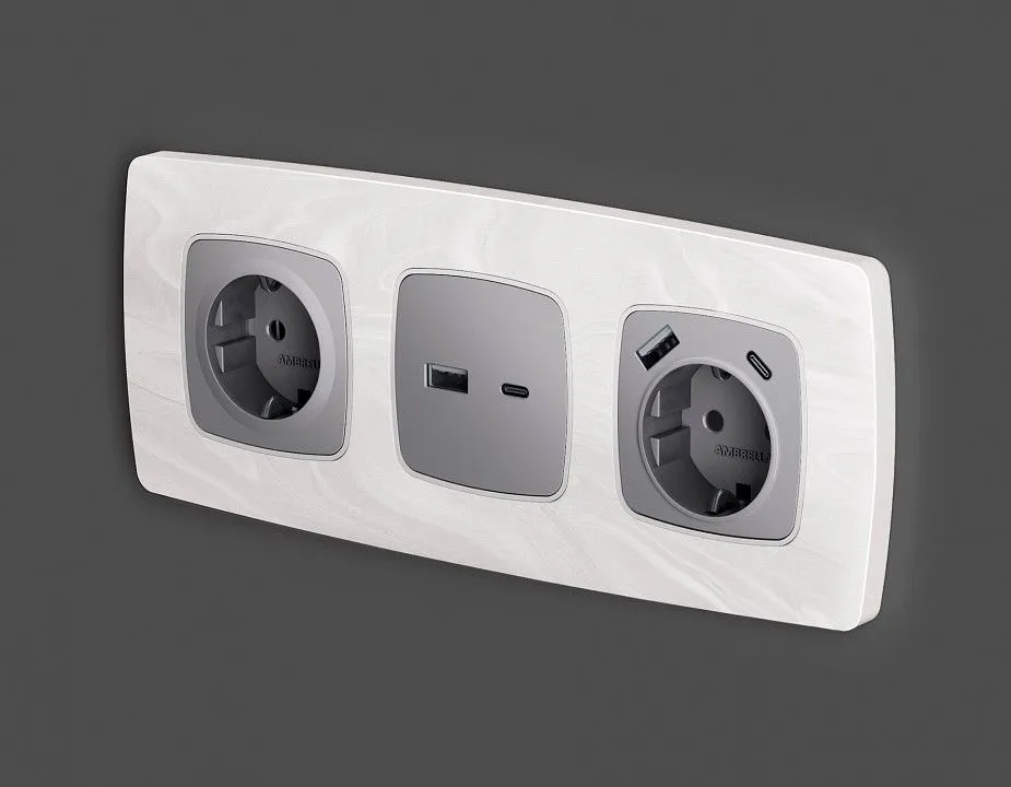 Накладка для розетки с заземлением и со шторками и 2хUSB type A и C Ambrella Volt OMEGA OP5100