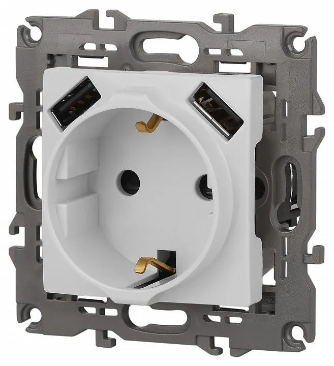 Розетка с заземлением и со шторкой и 2хUSB, без рамки Эра Эра Elegance 14-4109-01М