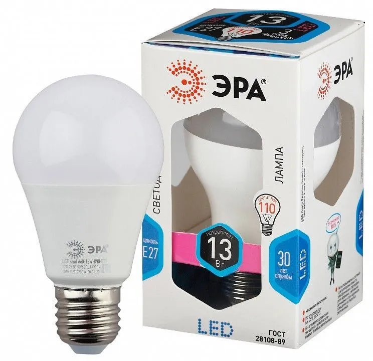 Лампа светодиодная Эра Стандарт E27 13Вт 4000K LED A60-13W-840-E27