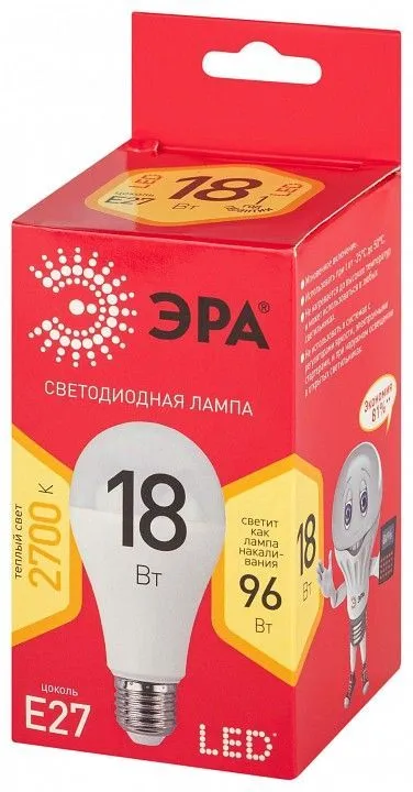 Лампа светодиодная Эра  E27 18Вт 2700K LED A65-18W-827-E27 R