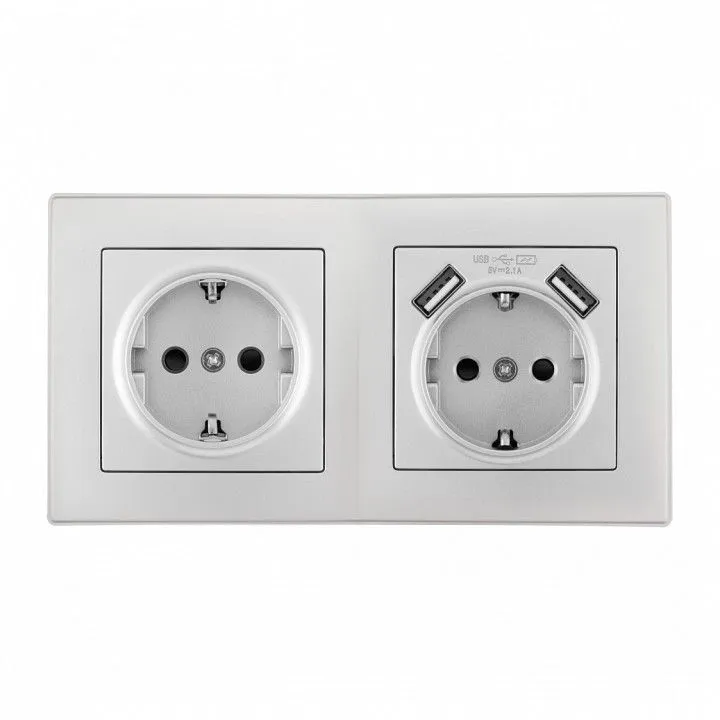 Розетка с заземлением и со шторкой и 2хUSB Arte Milano SET06-2 SET06-2-47-1-40-1 silver
