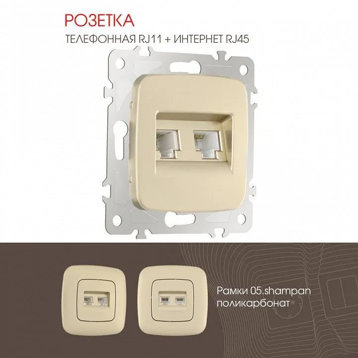 Розетка двойная RJ-11 и Ethernet RJ-45, без рамки Arte Milano am-205 205.44-1.shampan