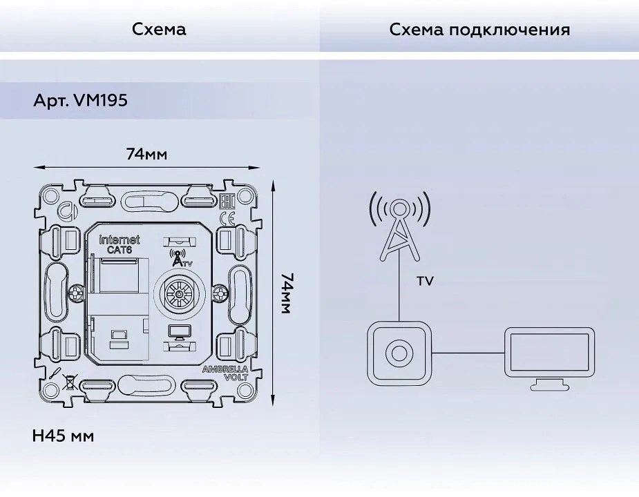 Механизм ТВ-розетки оконечные и розетки Ethernet RJ-45 со шторкам Ambrella Volt QUANT VM195