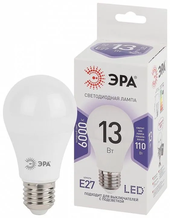Лампа светодиодная Эра Стандарт E27 13Вт 6000K LED A60-13W-860-E27