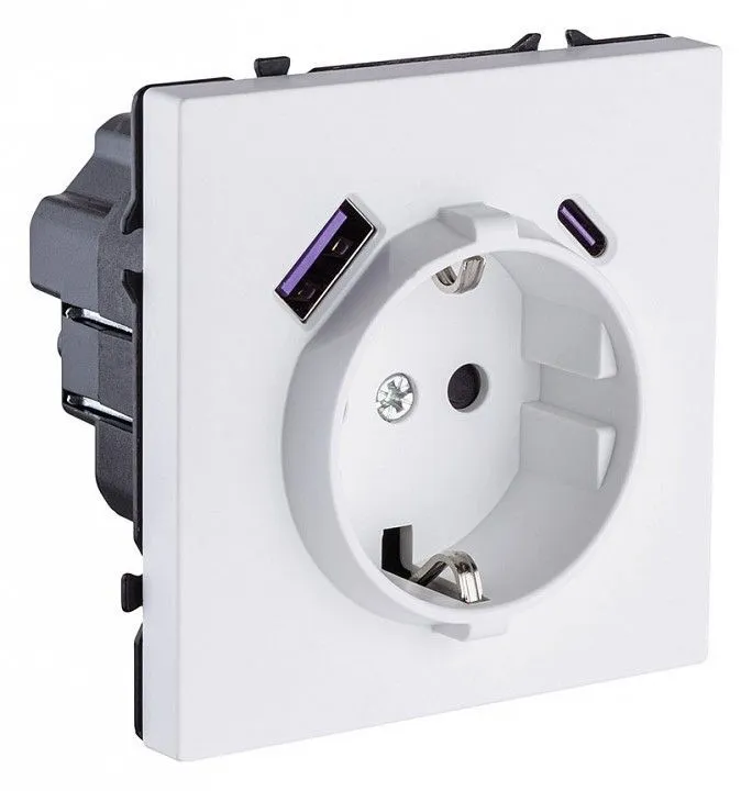 Розетка с заземлением и со шторкой и 2хUSB type A и C, без рамки Kollinger Eclipse EC-016WH