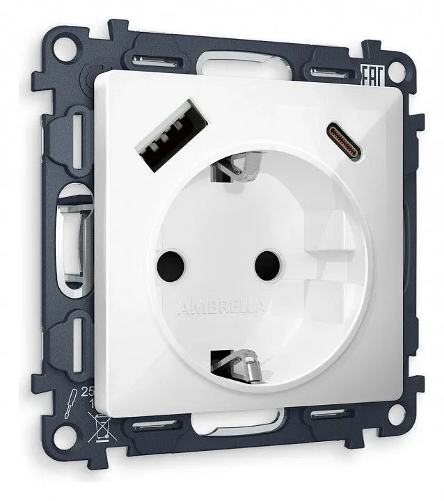 Розетка с заземлением и 2хUSB type A и C, без рамки Ambrella Volt ALFA MA110010