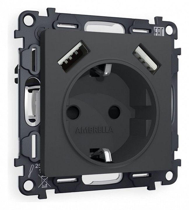 Розетка с заземлением и со шторкой и 2хUSB type A, без рамки Ambrella Volt ALFA MA909010