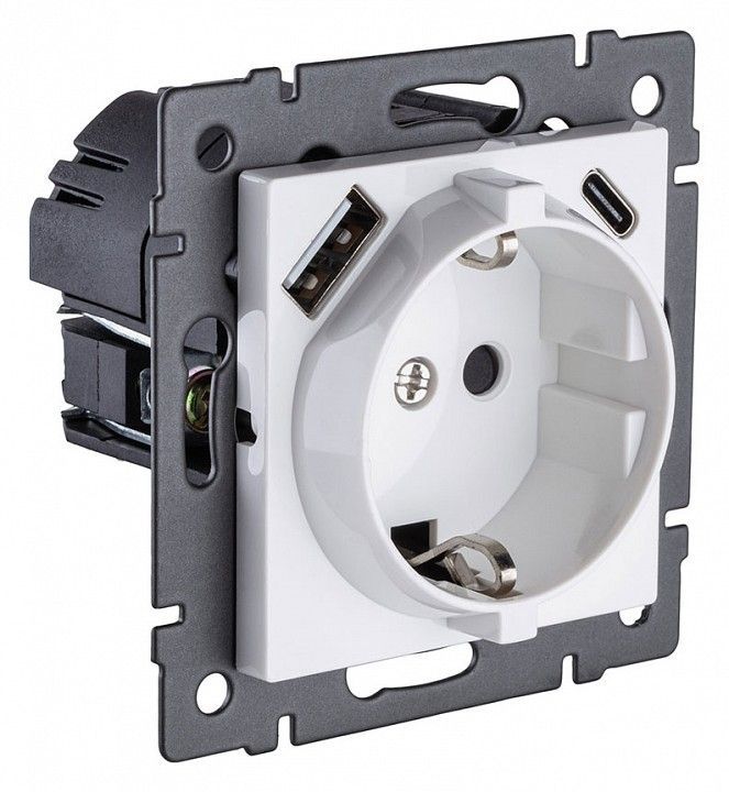 Розетка с заземлением и со шторкой и 2хUSB type A и C, без рамки Kollinger  REA-004WH