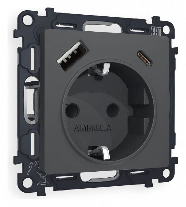 Розетка с заземлением и 2хUSB type A и C, без рамки Ambrella Volt ALFA MA910010