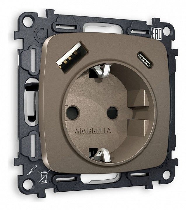 Розетка с заземлением и 2хUSB type A и C, без рамки Ambrella Volt OMEGA MO640010