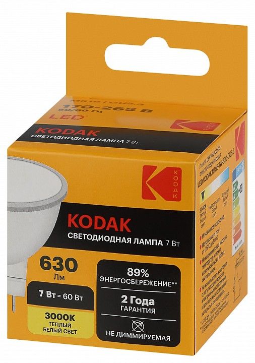 Лампа светодиодная Kodak  GU5.3 7Вт 3000K LED KODAK MR16-7W-830-GU5.3 K