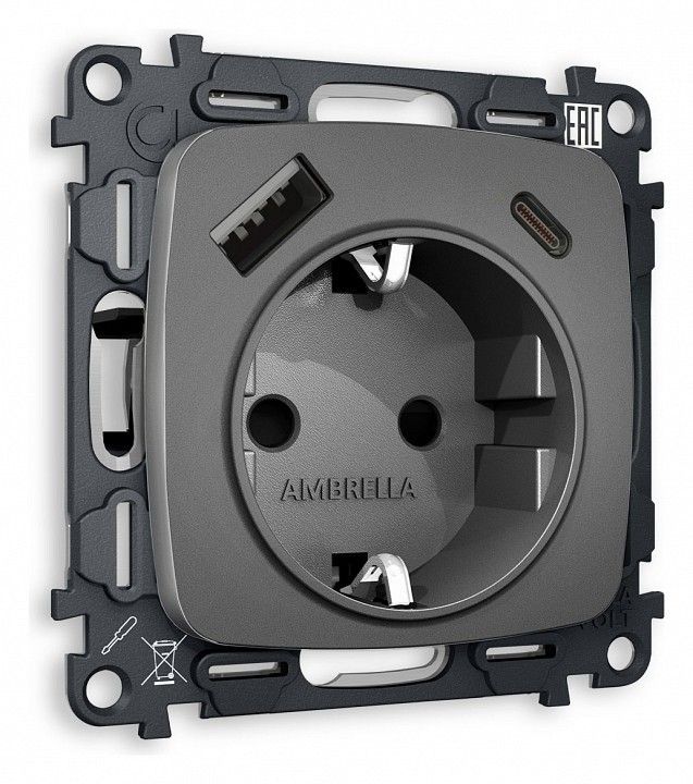 Розетка с заземлением и 2хUSB type A и C, без рамки Ambrella Volt OMEGA MO660010