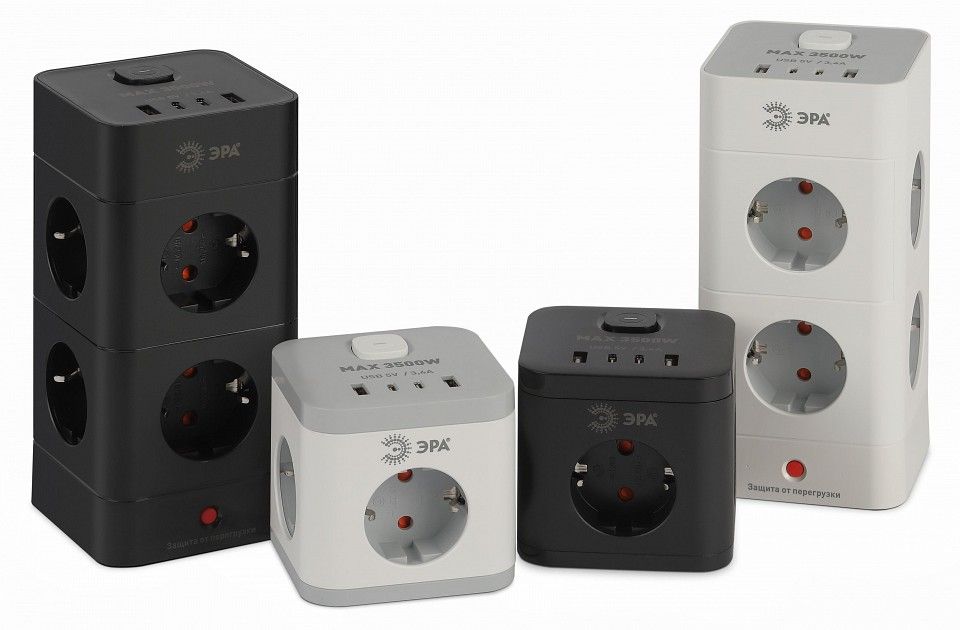 Удлинитель с выключателем Эра  CUBE-3es-1,5m-4USB-W