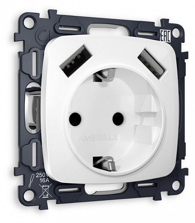 Розетка с заземлением и 2хUSB type A, без рамки Ambrella Volt OMEGA MO109010