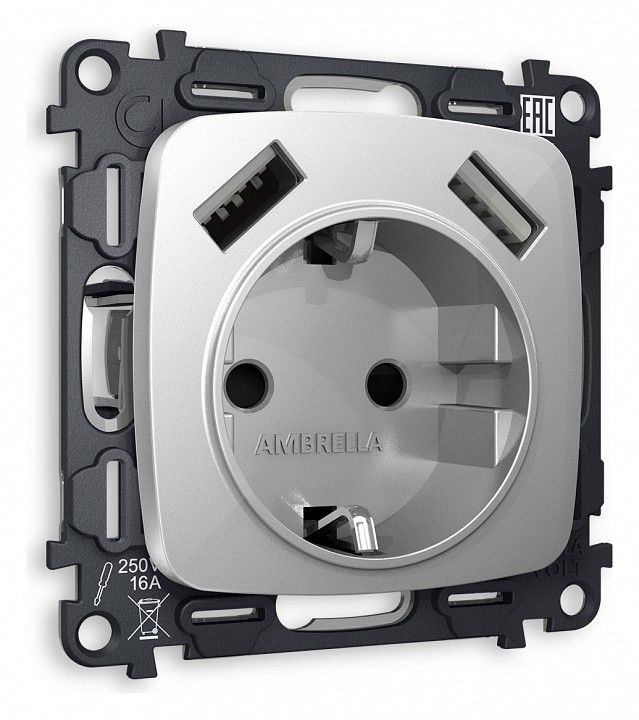Розетка с заземлением и 2хUSB type A, без рамки Ambrella Volt OMEGA MO409010