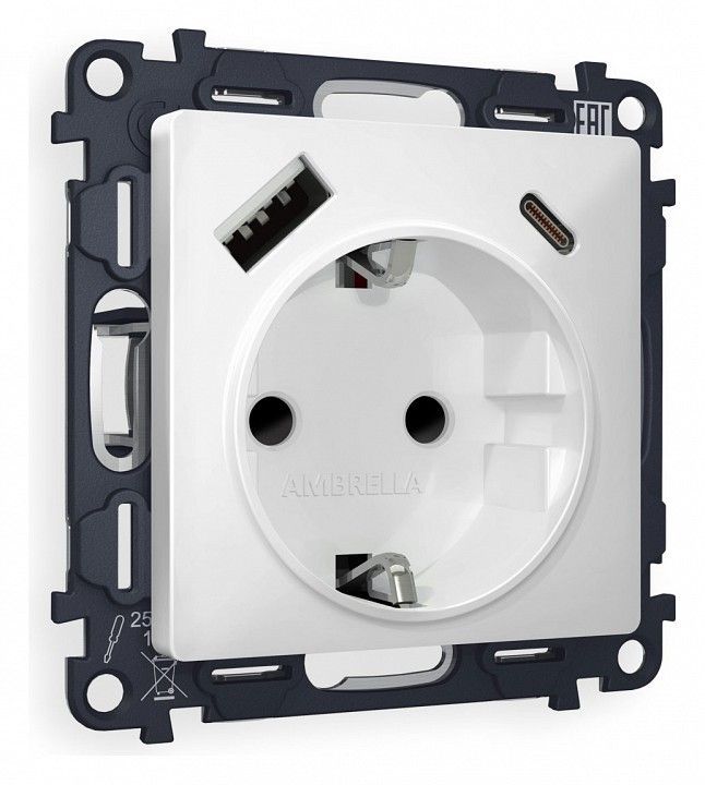 Розетка с заземлением и 2хUSB type A и C, без рамки Ambrella Volt ALFA MA130010