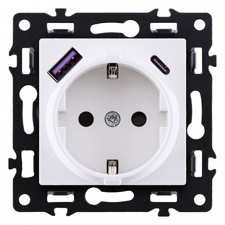Розетка с заземлением и со шторкой и 2хUSB type A и C, без рамки Kollinger Asthetik AS-016WH