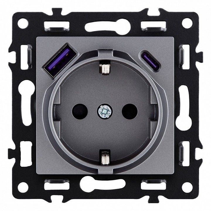 Розетка с заземлением и со шторкой и 2хUSB type A и C, без рамки Kollinger Asthetik AS-016GY