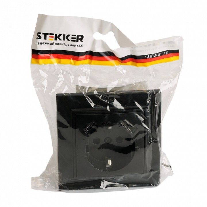 Розетка с заземлением и 2хUSB type A и C, без рамки Stekker Эрна 50078