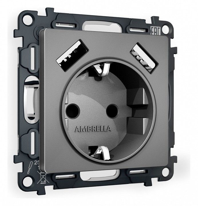 Розетка с заземлением и со шторкой и 2хUSB type A, без рамки Ambrella Volt ALFA MA659010