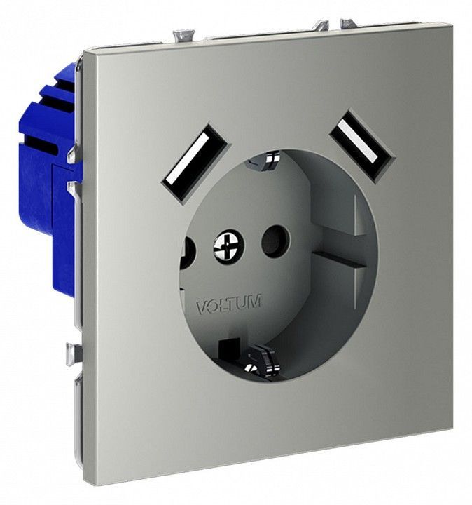 Розетка с заземлением и со шторкой и 2хUSB type A, без рамки Voltum S70 VLS040405
