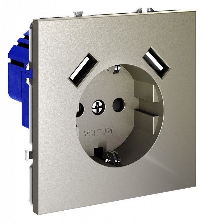 Розетка с заземлением и со шторкой и 2хUSB type A, без рамки Voltum S70 VLS040404