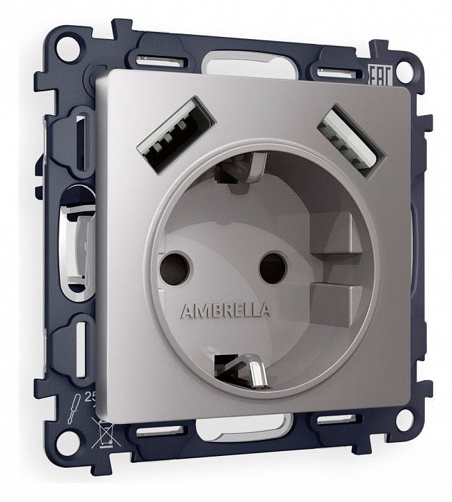 Розетка с заземлением и со шторкой и 2хUSB type A, без рамки Ambrella Volt ALFA MA509010