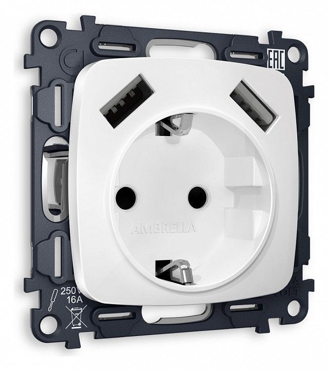 Розетка с заземлением и 2хUSB type A, без рамки Ambrella Volt OMEGA MO129010