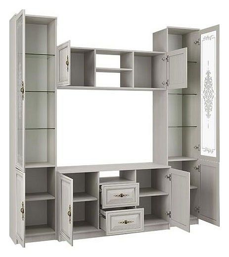 Стенка для гостиной Олимп-мебель Габриэлла ML192, П00105645, Шкаф комбинированный 06.87 Габриэлла (вудлайн кремовый/ПВХ Сандал белый/профиль Аруша венге с патиной/ стекло св. с песк/латунь)/осн.