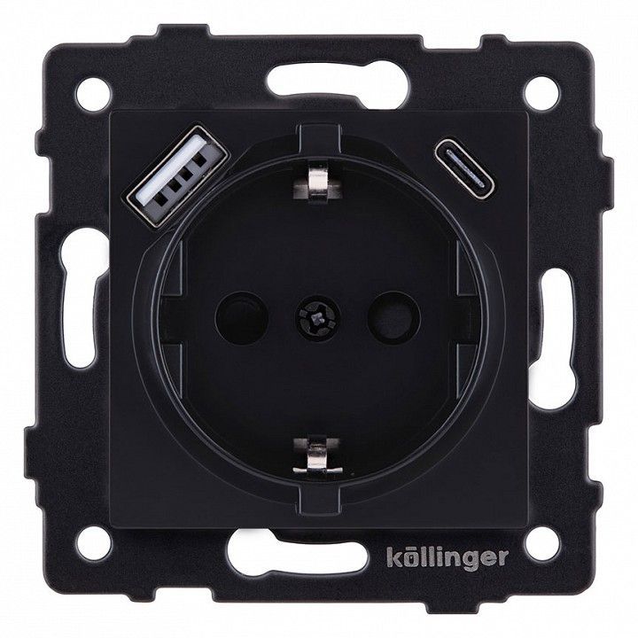 Розетка с заземлением и со шторкой и 2хUSB type A и C, без рамки Kollinger  REA-004BM