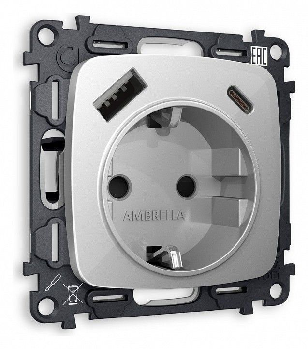 Розетка с заземлением и 2хUSB type A и C, без рамки Ambrella Volt OMEGA MO410010