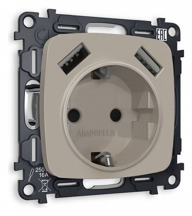 Розетка с заземлением и 2хUSB type A, без рамки Ambrella Volt OMEGA MO369010