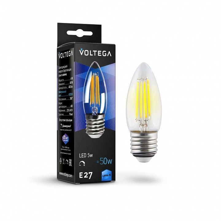 Лампа светодиодная Voltega свеча диммируемая (Candle dim) 5Вт E27 5Вт 4000K 8463