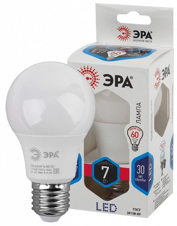 Лампа светодиодная Эра Стандарт E27 7Вт 4000K LED A60-7W-840-E27