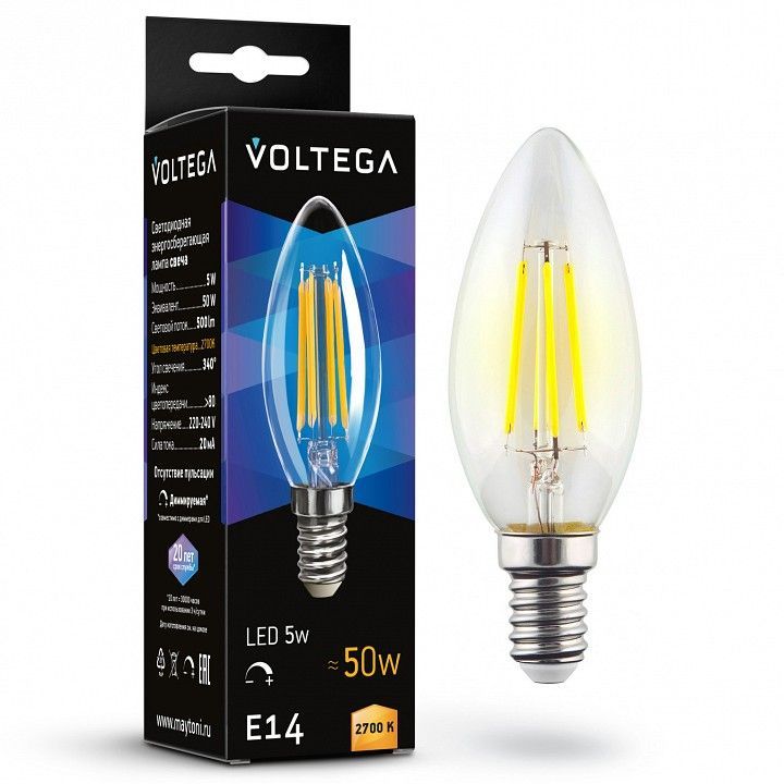 Лампа светодиодная Voltega свеча диммируемая (Candle dim) 5Вт E14 5Вт 2700K 7199